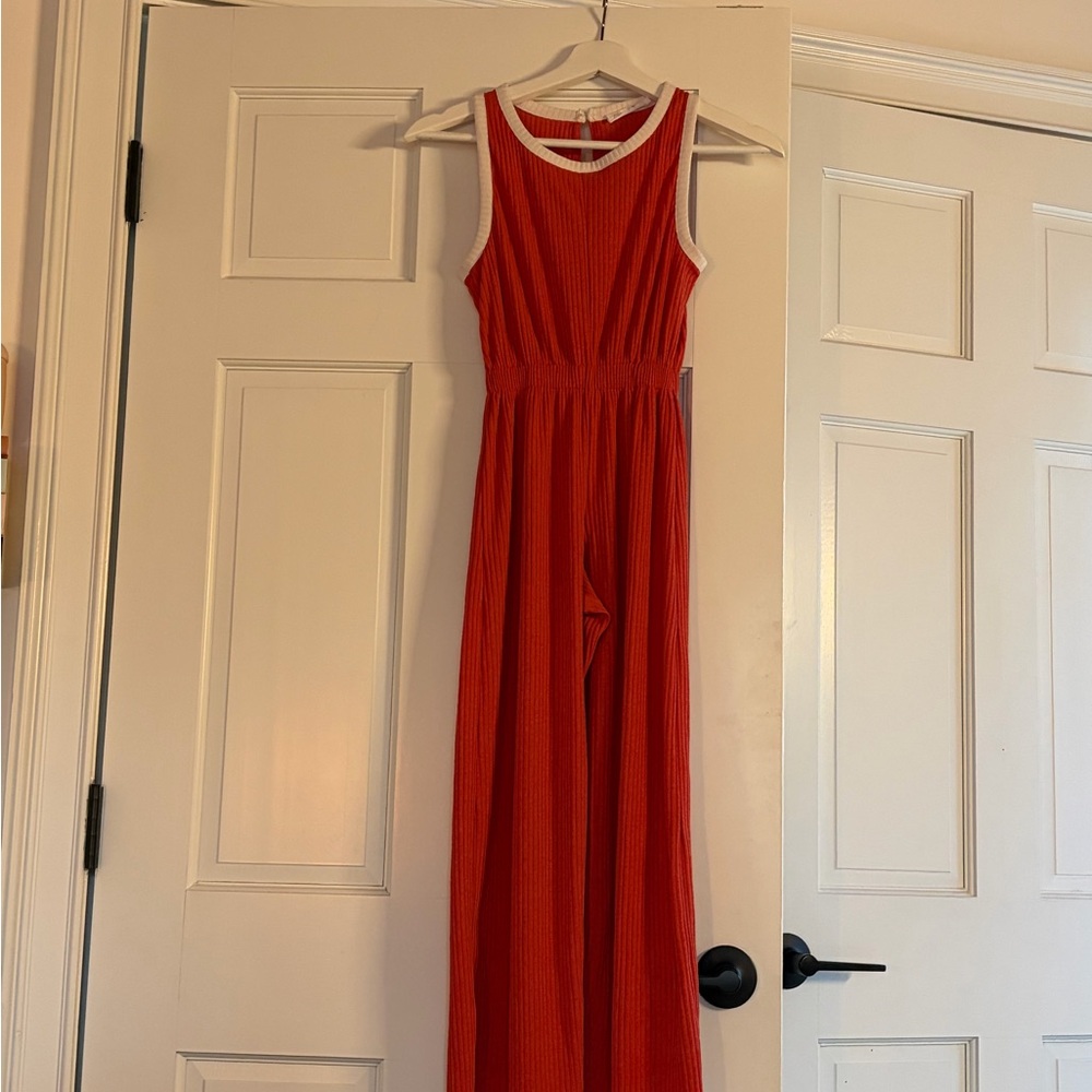 Zara Girls Red Sleeveless Ribbed One-Piece with White Trim ♻️🪩